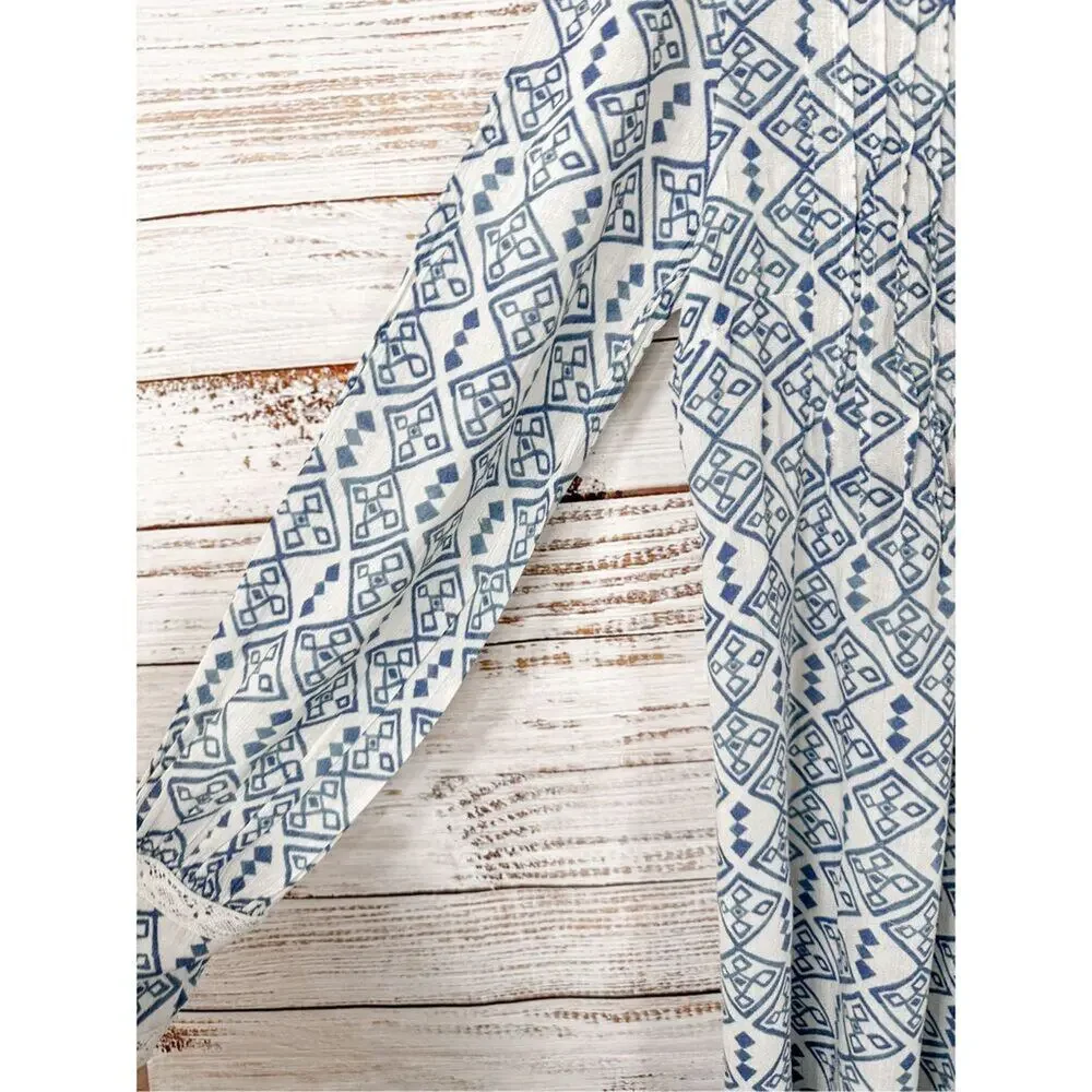 Free People Women's Geometric Long Sleeve Boho Mini Dress White Blue Small